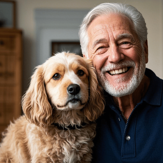 Pets and elderly Americans, head to head, happy and smiling