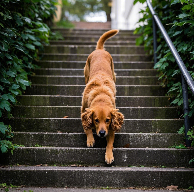 13 year old dog climbing stairs
